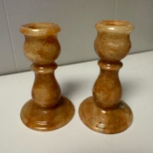 2 Vintage Polished Alabaster or Onyx Candle Holders 5” Tall Peach/Honey Colour